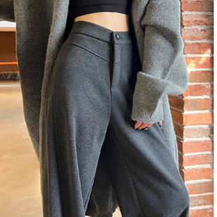 灰色香蕉裤女秋冬季款加厚窄版阔腿裤休闲羊毛呢垂感直筒弯镰刀裤
