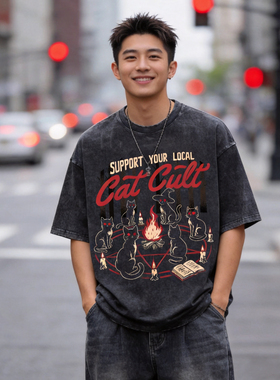 【短袖-猫叔聚会】重磅纯棉美式潮牌复古T恤男款宽松上衣夏季圆领