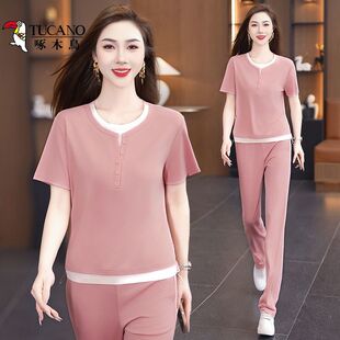 长裤 啄木鸟时尚 洋气减龄气质显瘦短袖 女夏新款 两件套 休闲运动套装