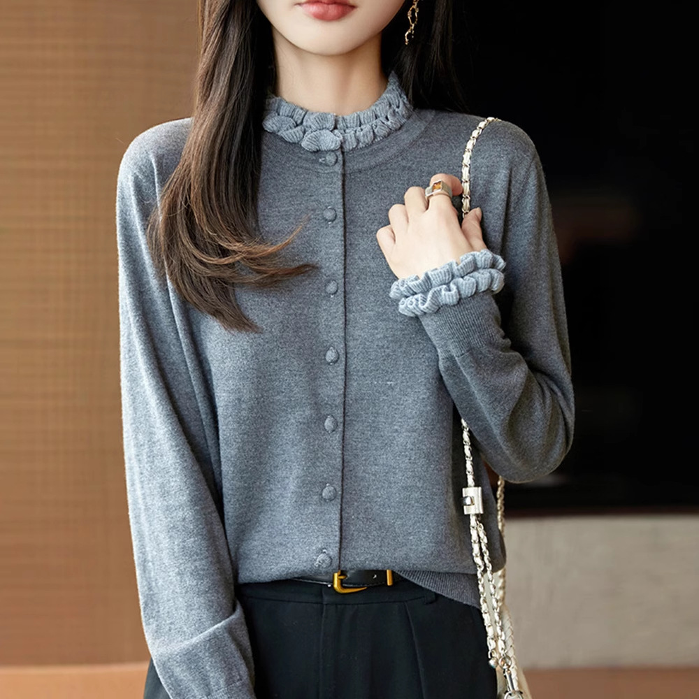 秋季木耳边针织开衫女新款精纺细毛长袖外套洋气打底毛衣上衣