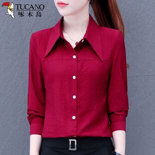 长袖 打底衫 春秋新款 修身 上衣 洋气衬衣妈妈时尚 啄木鸟纯色女士衬衫