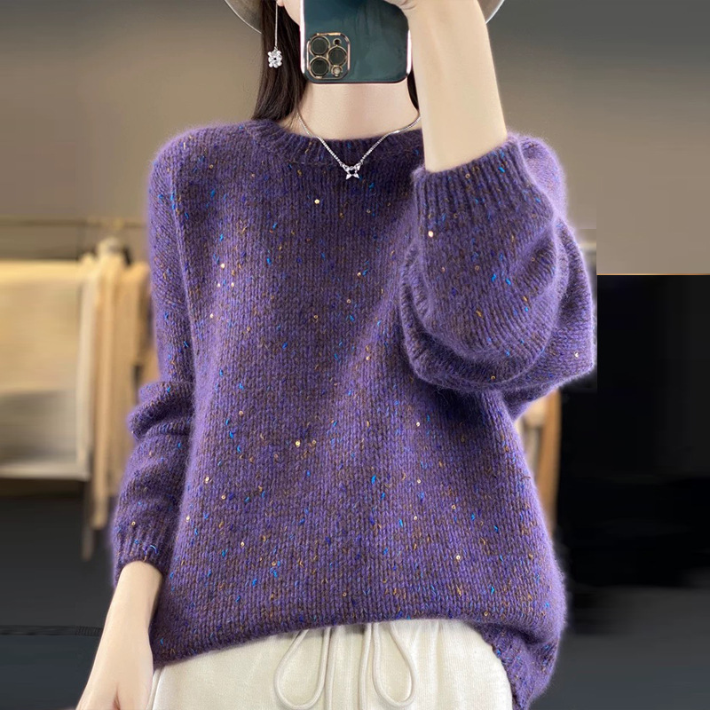 加厚女秋冬毛衣2025秋季新款减龄时尚大码内搭珠片圆领针织打底衫