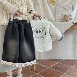 儿童牛仔裤加绒秋冬卡通男宝直筒阔腿裤1-8岁女童一体绒裤子冬季