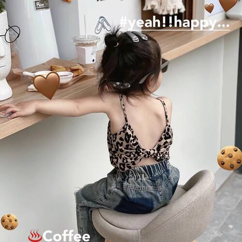 女童夏季纯棉豹纹露背短款吊带