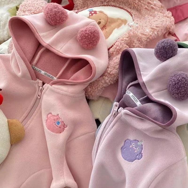 女童秋冬季外套保暖加厚女宝宝可爱卡通球球连帽外穿开衫童装