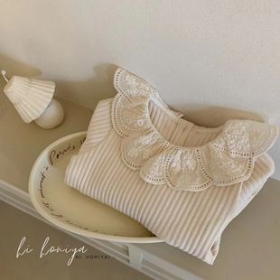 Spring韩国童装秋季新款儿童蕾丝花边纯色加绒上衣女童弹力长袖