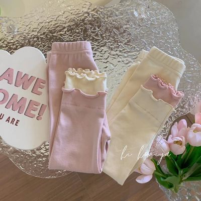 春秋撞色双层木耳边儿童打底裤