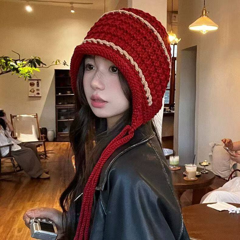 手工时尚流苏针织帽子毛线帽子女秋冬包头保暖百搭护耳可爱韩版