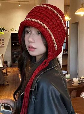手工时尚流苏针织帽子毛线帽子女秋冬包头保暖百搭护耳可爱韩版