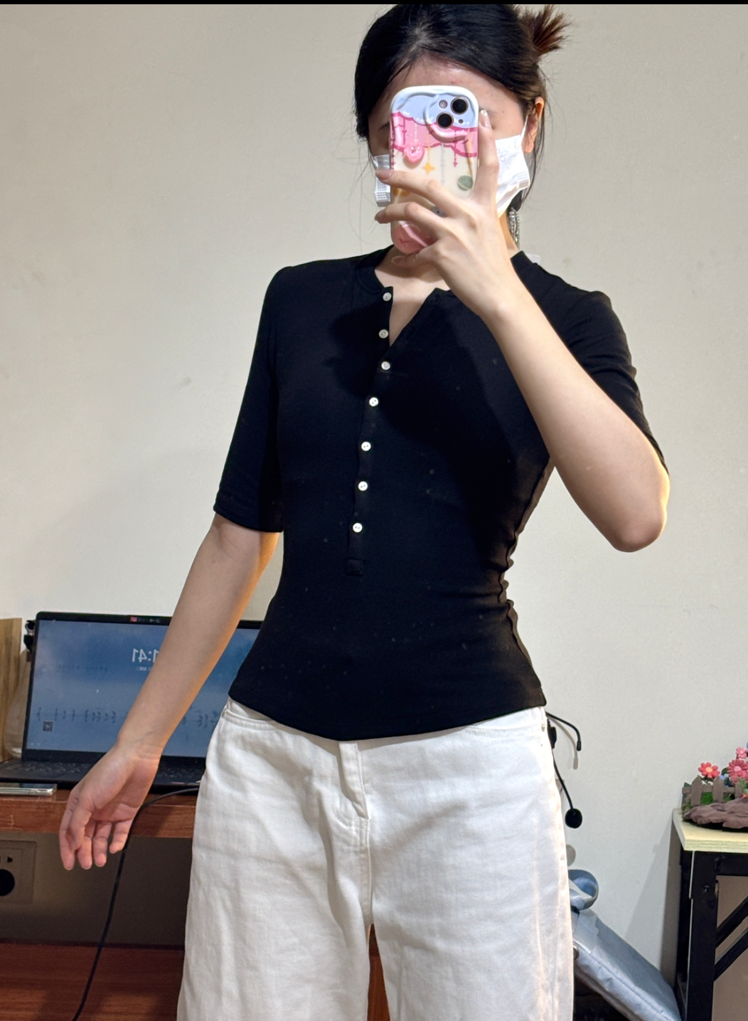 大领口亨利衫正肩短袖t恤女春夏修身中袖上衣五分袖