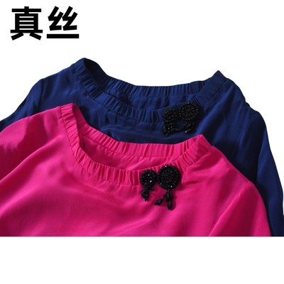 真丝桑蚕丝双绉精美钉珠百搭纯色短袖连衣裙夏装