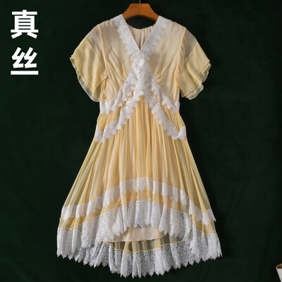 高货真丝桑蚕丝鹅黄色飞飞袖短袖蕾丝花边大裙摆连衣裙夏装
