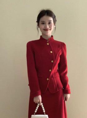 大码胖MM新年战袍红色敬酒服订婚套装裙女春季新中式外套半身长裙