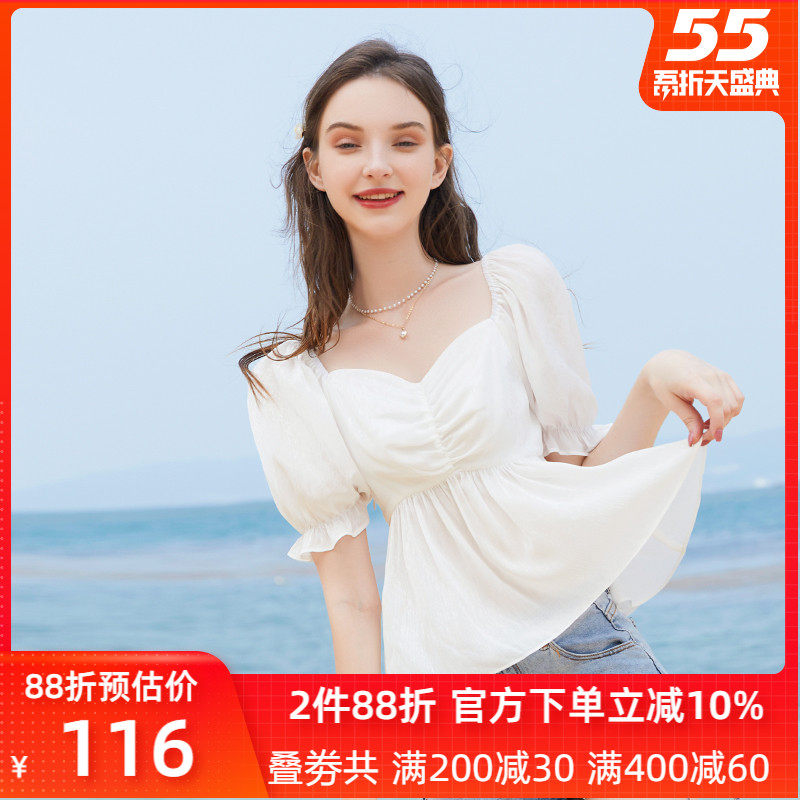 zk lin法式设计感小众锁骨收腰显瘦遮肚子雪纺衫很仙女甜美上衣夏