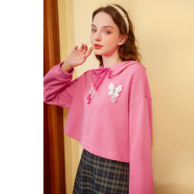 别致连帽卫衣女装短款上衣高腰设计感小众韩系小个子2024春秋新款