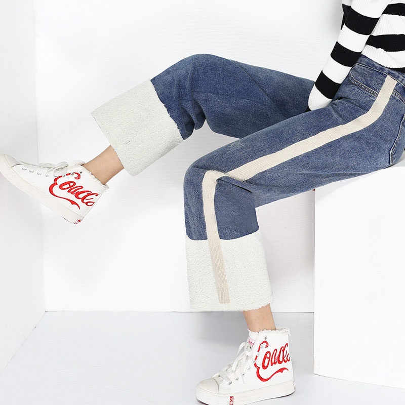 加厚加绒牛仔阔腿裤女春侧条纹毛边宽松少女时尚2026冬装新款潮
