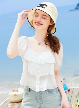zk lin法式甜美白色方领泡泡袖叠层短上衣女夏季海边度假小衫