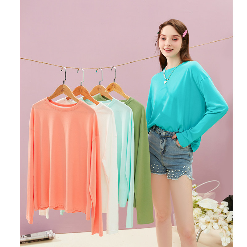 韩系宽松纯色T恤女时尚百搭小众设计感小个子长袖上衣2025春秋款