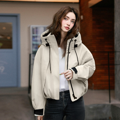 时尚连帽抽绳宽松鸭绒工装羽绒服