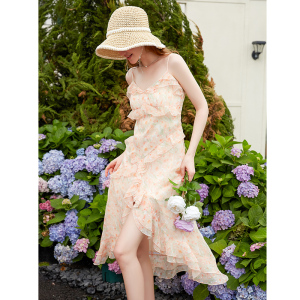 zklin法式荷叶边碎花吊带连衣裙超仙女长裙子茶歇度假风沙滩裙夏