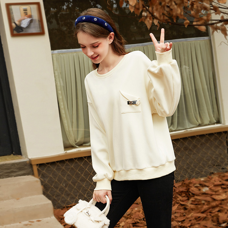 加绒圆领套头卫衣女加厚设计感小众宽松休闲百搭上衣2022秋冬新款