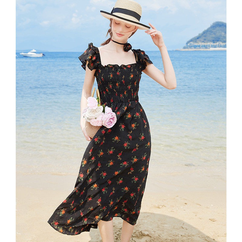 方领玫瑰印花收腰显瘦连衣裙