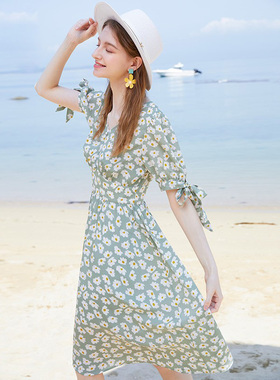 绿色碎花雪纺连衣裙女小雏菊印花v领中长裙大摆裙2022夏季新款
