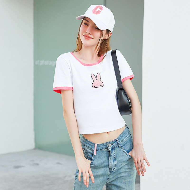 zklin撞色边印花短袖白t恤女2026夏新款修身简约百搭短上衣小个子