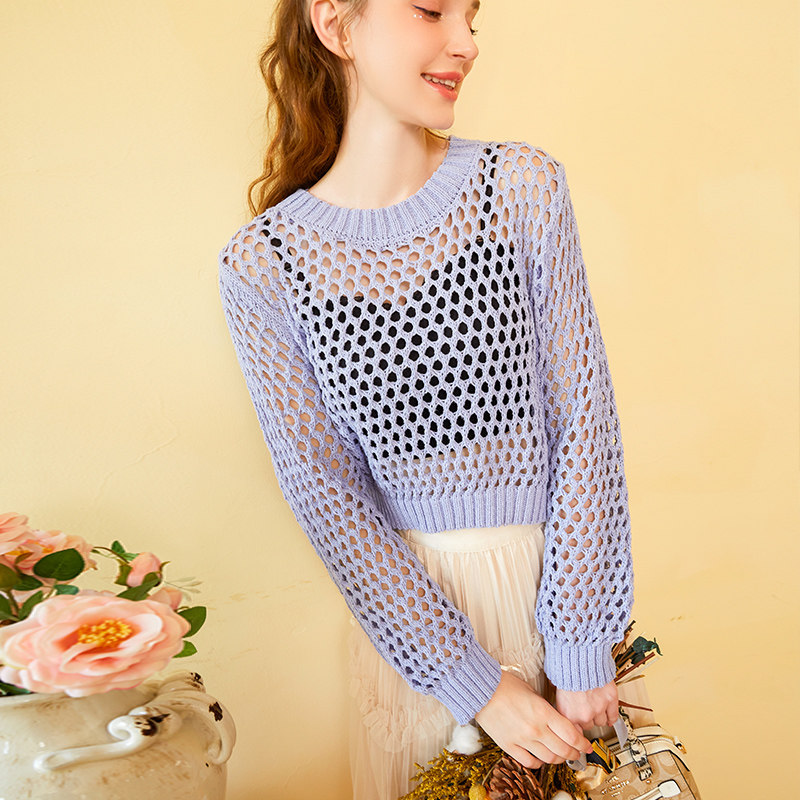 zklin镂空针织衫上衣2023早秋新款设计感小众套头毛衣慵懒风罩衫