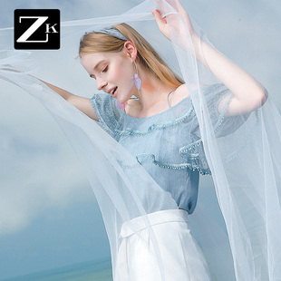 波点吊带一字肩雪纺衫女荷叶边灰蓝色小衫仙气质上衣公主2025夏