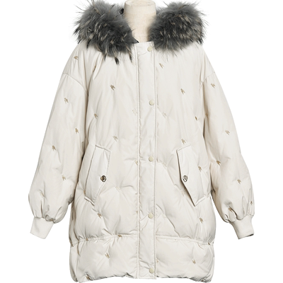 zk lin2025春秋刺绣大毛领羽绒服女中长款面包服宽松网红加厚保暖