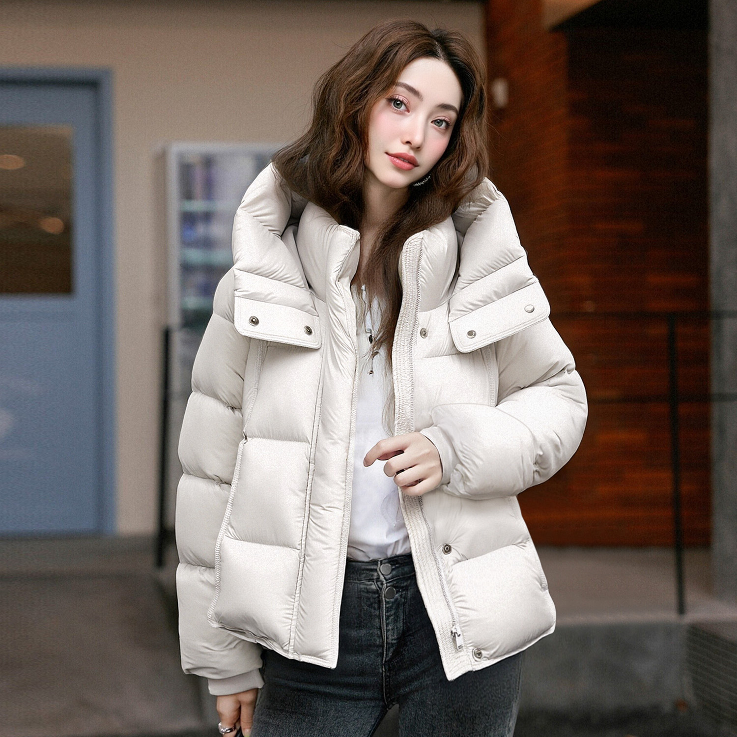 时尚连帽宽松廓形鸭绒保暖羽绒服