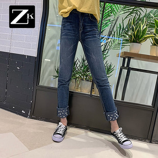 WP钉珠紧身小脚牛仔裤女2026秋冬新款中腰显瘦水洗铅笔翻边九分裤