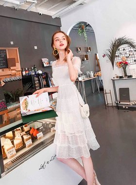 zk lin方领白色蛋糕连衣裙女中长款超仙甜美收腰显瘦蕾丝网纱春夏