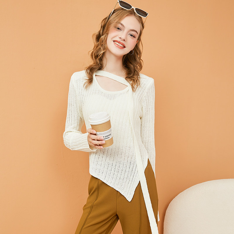老钱风不规则针织衫2025春秋新款慵懒飘带垫肩薄款毛衣打底衫内搭