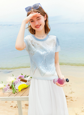 zk lin韩版清新套头圆领亮片针织短袖蓝白撞色2025夏季新款女上衣