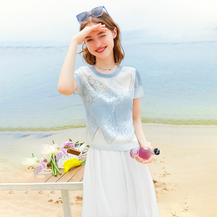 zk lin韩版清新套头圆领亮片针织短袖蓝白撞色2025夏季新款女上衣