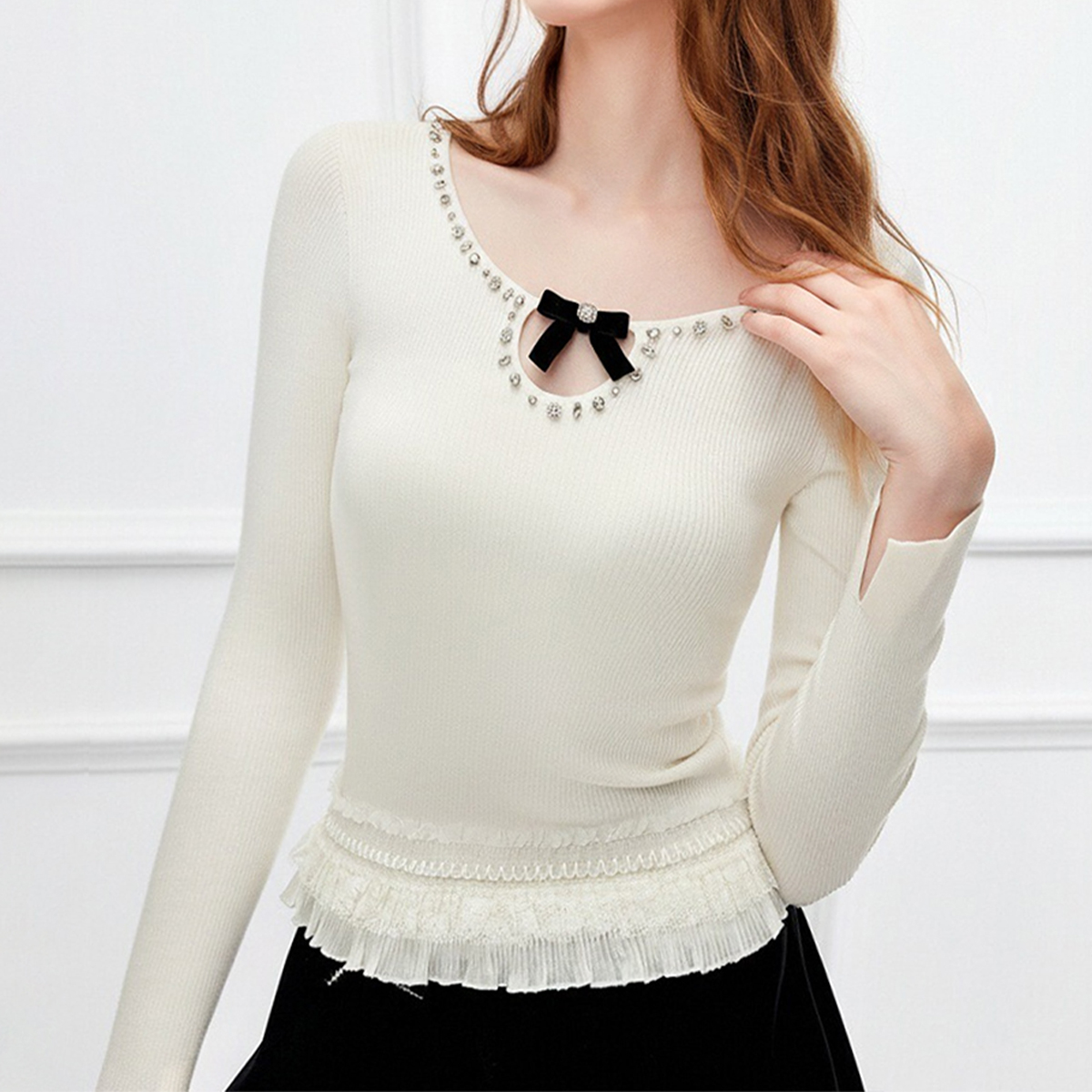 高级感大U领蝴蝶结钉珠长袖上衣