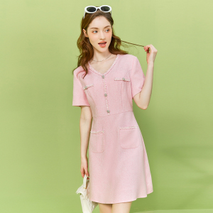 zklin高级感粉色小香风连衣裙女法式气质小个子V领a字2025夏新款