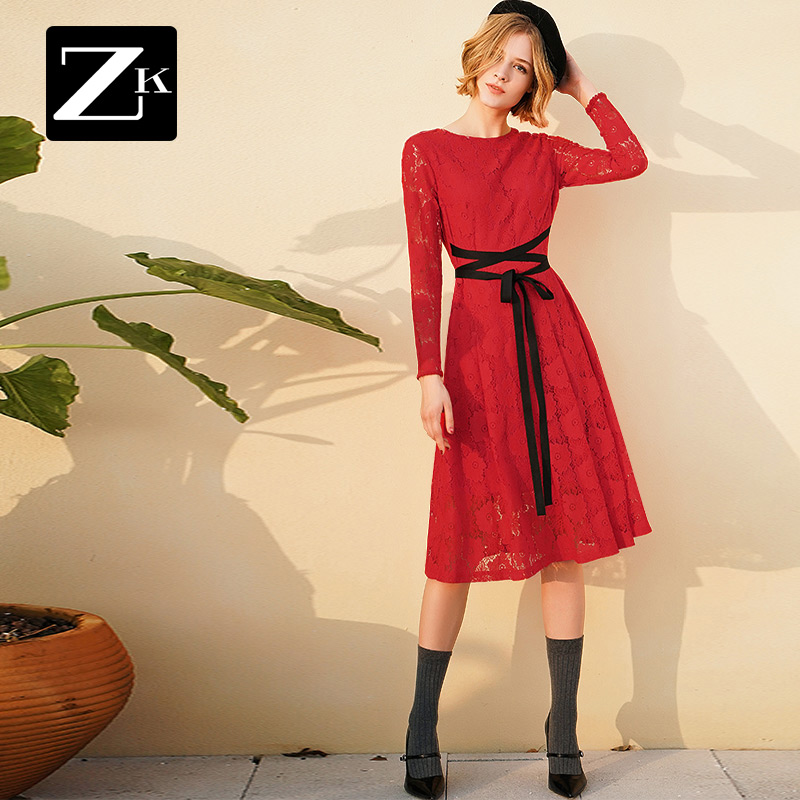 WP收腰镂空蕾丝连衣裙女中长款红色长袖蝴蝶结系带秋装2019新款女