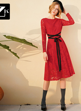 WP收腰镂空蕾丝连衣裙女中长款红色长袖蝴蝶结系带秋装2019新款女