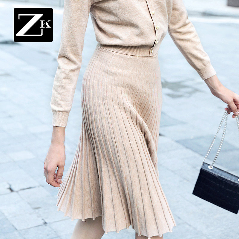 ZX毛衣半身裙中长款高腰显瘦chic百褶裙针织A字裙2018秋冬新款