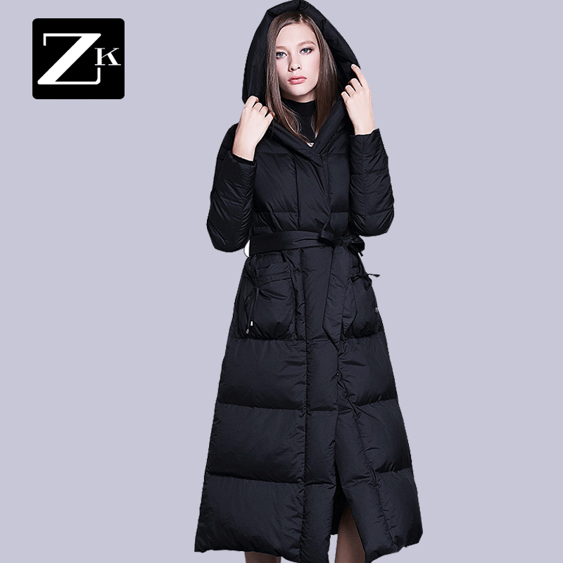 FG 超长款加厚过膝连帽白鸭绒羽绒服女韩国版修身黑色2018冬新款C