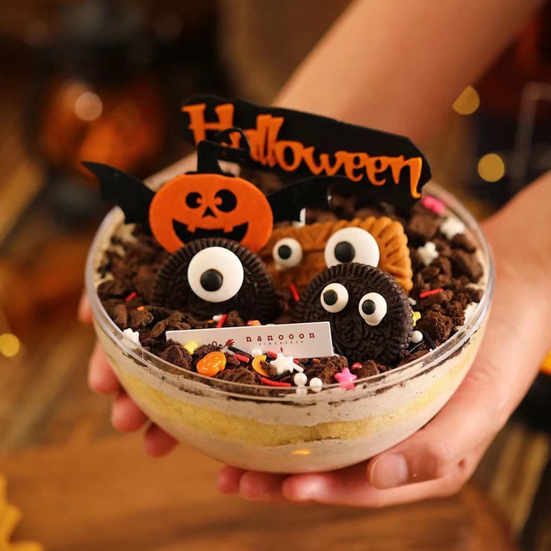 万圣节慕斯球蛋糕网红手提南瓜灯装饰摆件搞怪大小眼睛糖珠饼干