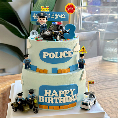 卡通儿童款积木人偶警车蛋糕装饰