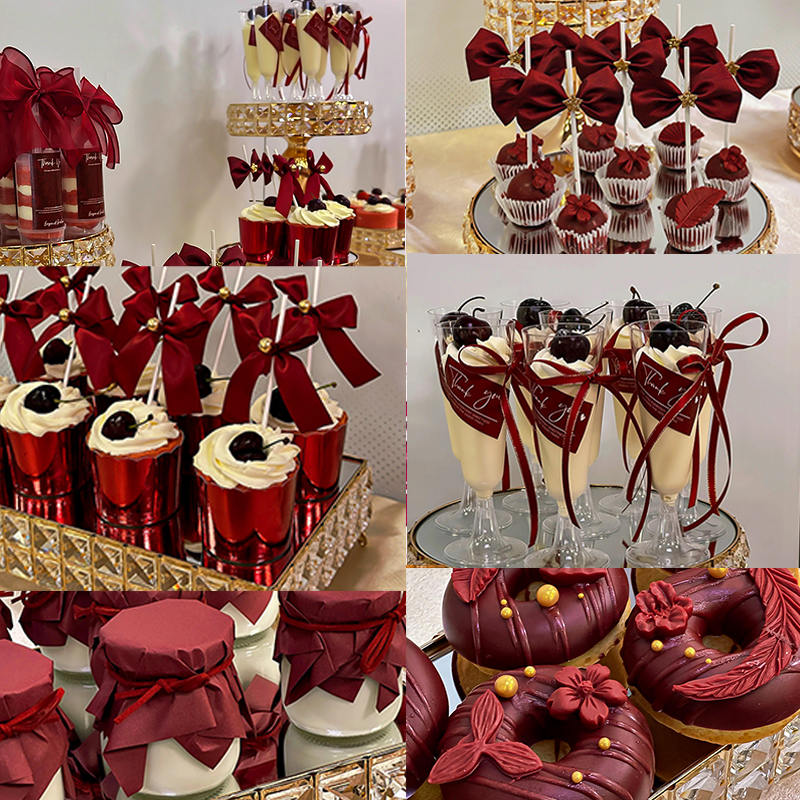 酒红系结婚订婚宴婚礼杯子甜品台