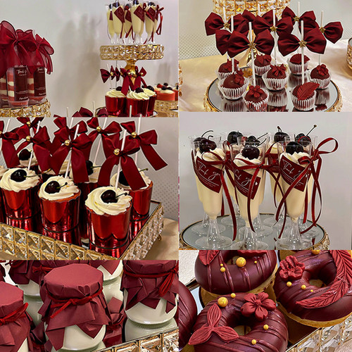 酒红系结婚订婚宴婚礼杯子甜品台