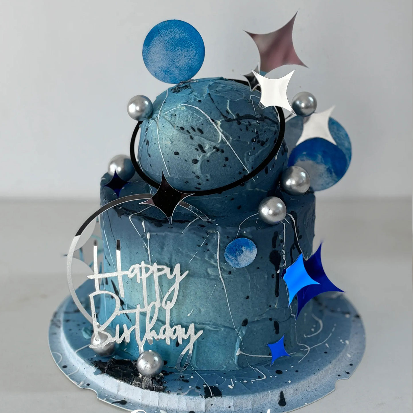 蓝色宇宙星球喷砂蛋糕装饰氛围感