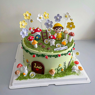 饰摆件田园风蘑菇小镇小花朵梯子插件 森系黄衣女孩小兔生日蛋糕装
