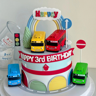 饰摆件小车子回力车装 扮 宝宝巴公交车校车儿童玩具生日蛋糕装 q版